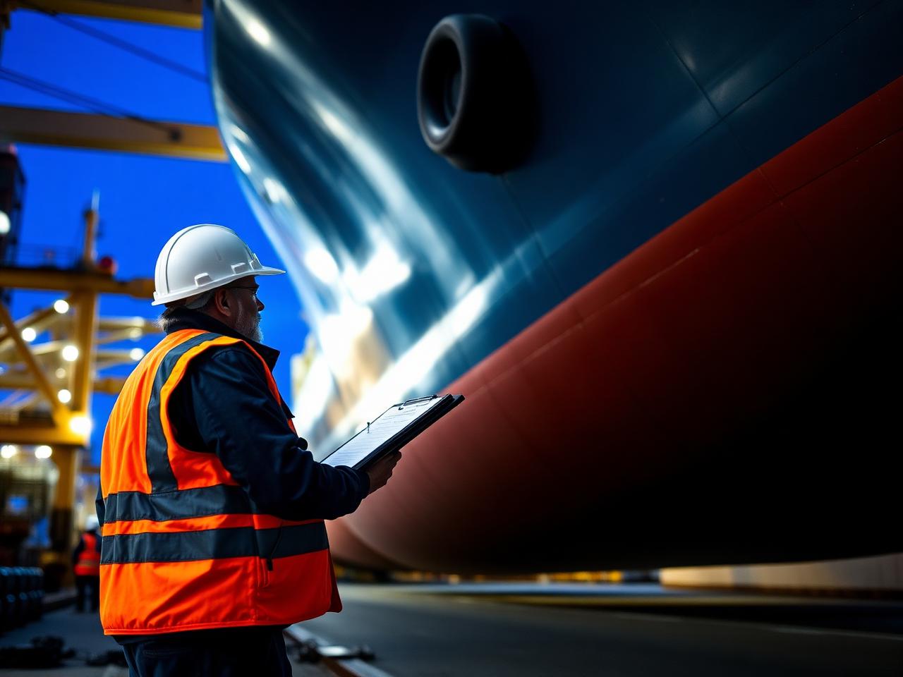 Marine inspector reviewing vessel hull at Lyon Shipyard